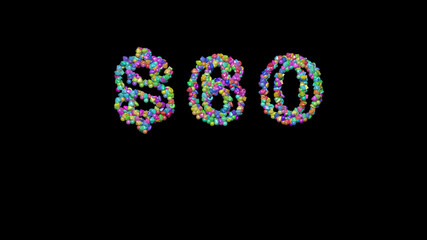 $: 3D illustration of the text made of small objects over a black background with shadows
