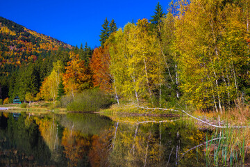 Amazing autumn landscape with Saint Ana lake and colorful forest