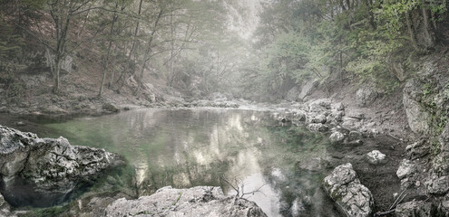 Fog on the Auzun-Uzen river, the Great Crimean Kanyen, Crimea peninsula, Bakhchisarai district, Sokolinoe village