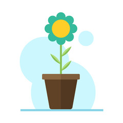 Green flower in pot flat illustration. Color vector icon. Green flower with green leaves in brown pot vector illustration. Floral business concept