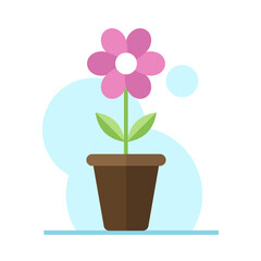 Pink flower in pot flat illustration. Color vector icon. Pink flower with green leaves in pot vector illustration. Floral business concept