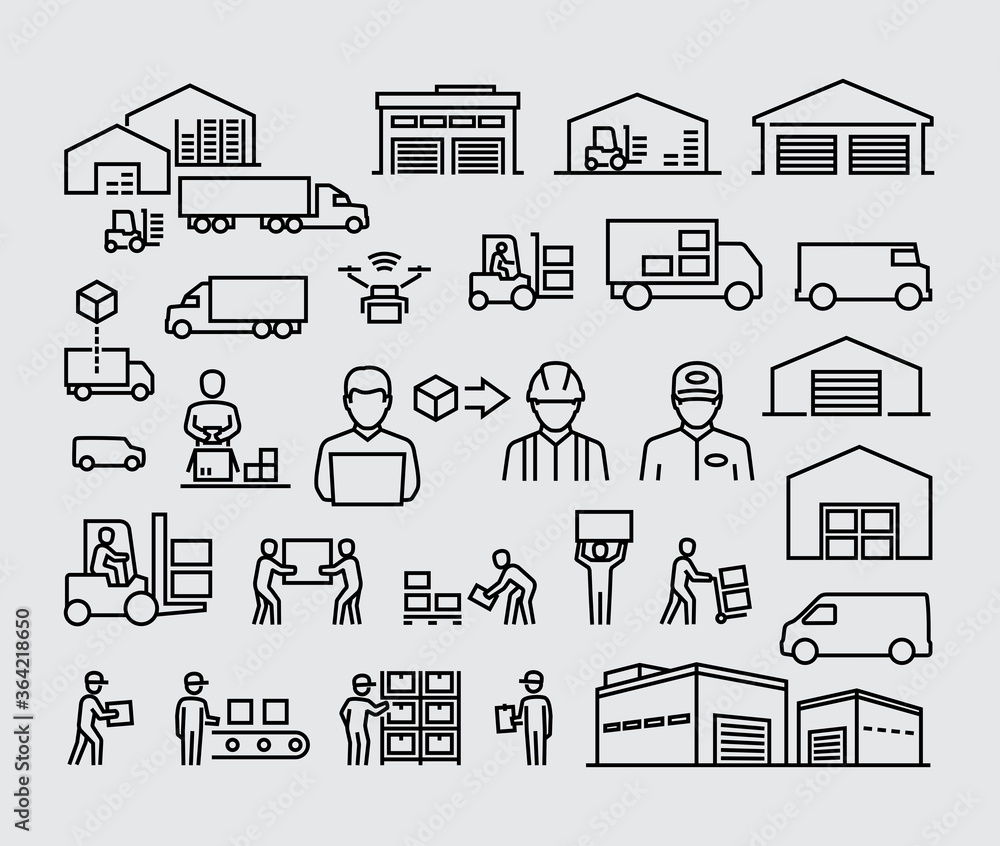 Wall mural warehouse logistics buildings, delivery cargo trucks, forklifts and workers vector line icons set