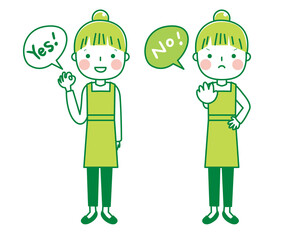 YES NO エプロン姿の女性（グリーン系）　全身　イラスト