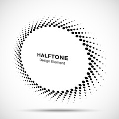 Halftone circle perspective frame abstract dots logo emblem design element for technology, medical, treatment, cosmetic. Round border Icon using halftone circle dots raster texture. Vector.