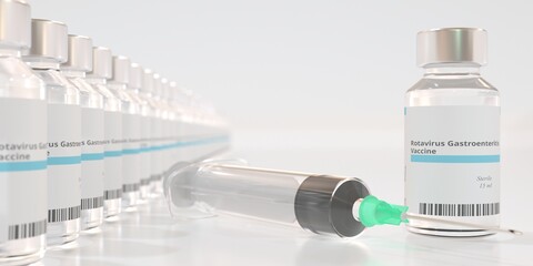 Glass vials with rotavirus gastroenteritis vaccine and syringe. 3D rendering