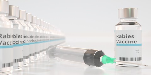 Glass vials with rabies vaccine and a syringe. 3D rendering