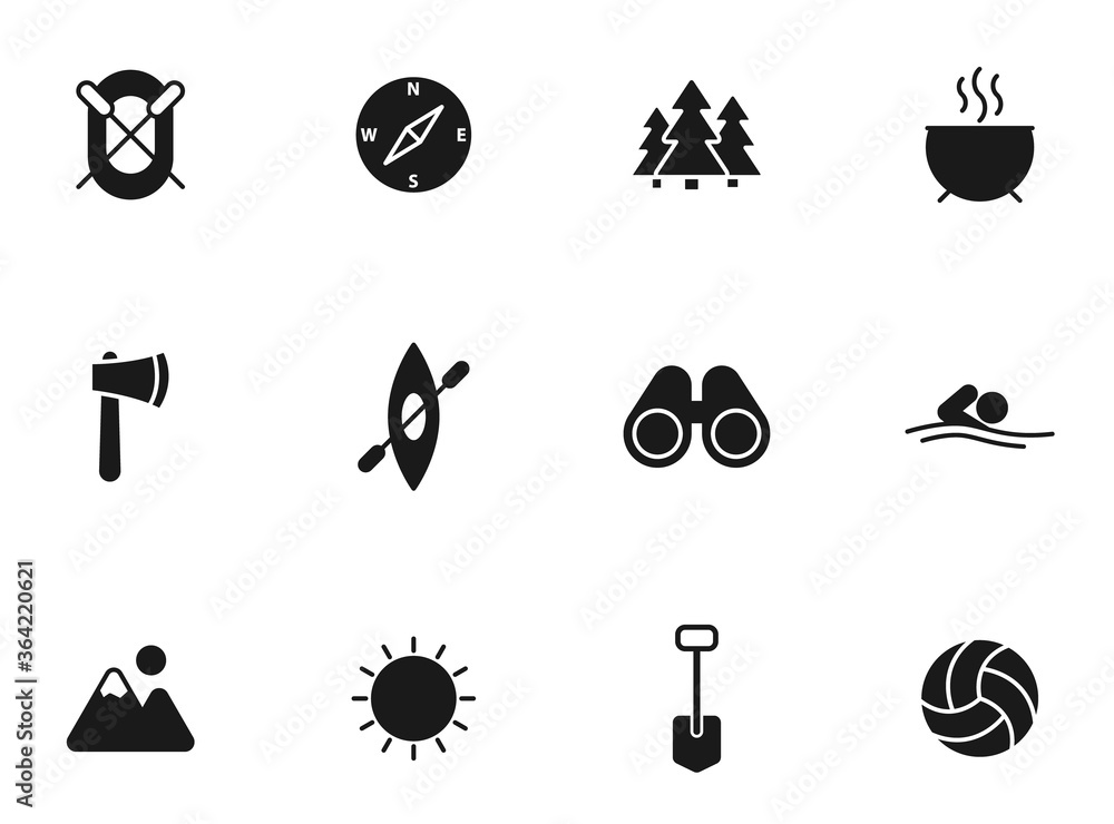 Poster camping glyph vector icons isolated on white. camping icon set for web design, mobile app, user inte