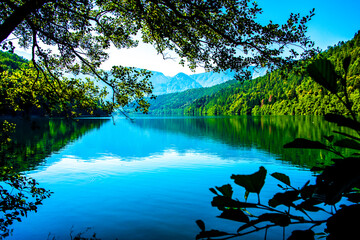 trees are reflected on Lake Levico with the mountains in the background in Trento, Italy