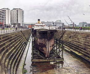 Fototapeta premium Beautiful photo with ancient ships in to Begin Belfast dry dock. North Ireland, natural light.