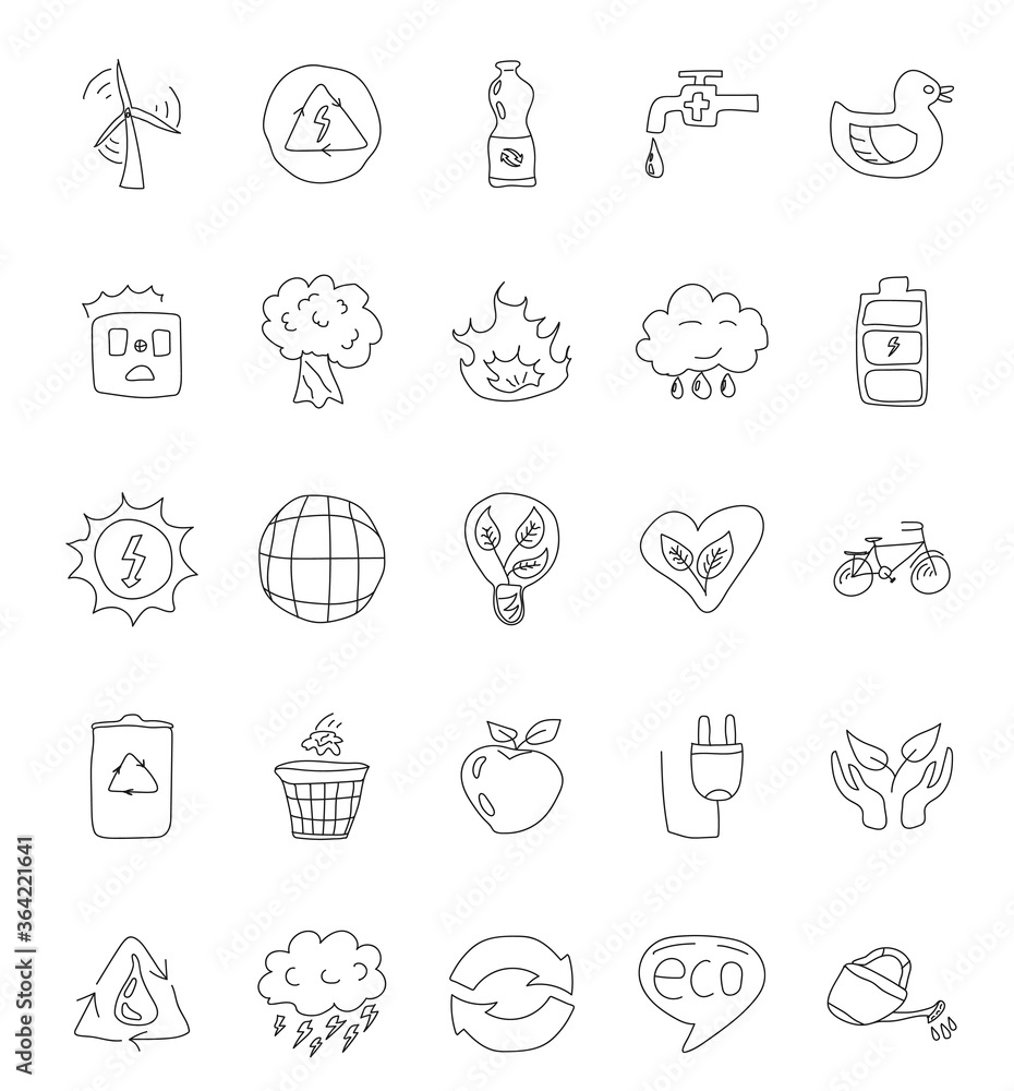 Poster eco hand drawn linear vector icons isolated on white background. ecology doodles for web and ui desi