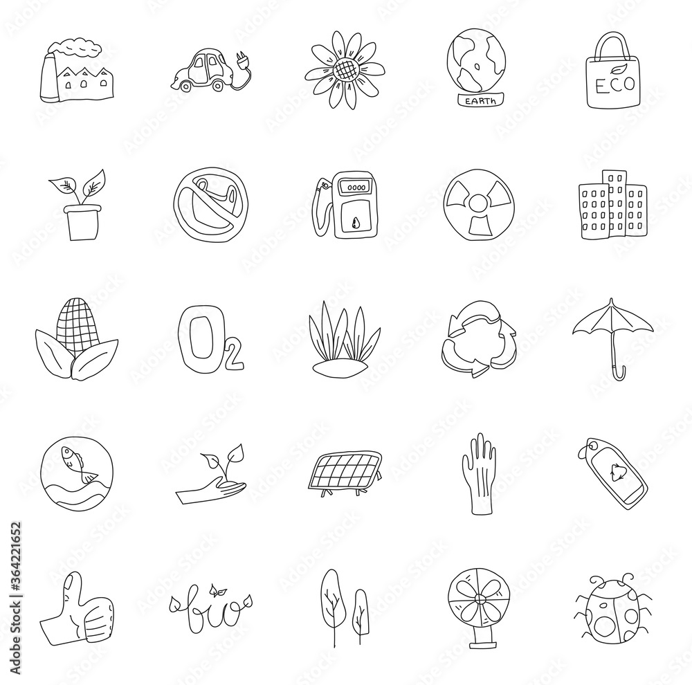 Poster eco hand drawn linear vector icons isolated on white background. ecological doodles for web and ui d