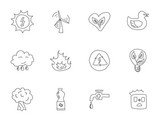 eco cartoon doodle icons isolated on white background. ecology doodles for web and ui design, mobile apps and print
