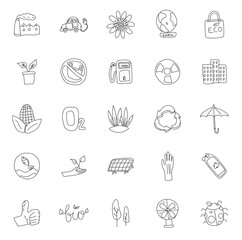 eco hand drawn linear vector icons isolated on white background. ecological doodles for web and ui design, mobile apps and print