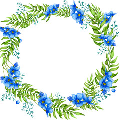 Round frame with blue flowers of the violet and green branches. Watercolor hand-painting elements. Isolated on the white. Perfect for invitation or poster