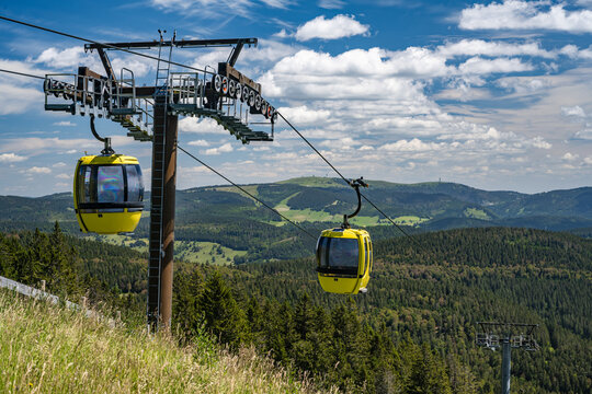 Beautiful view from the Mountain (Belchen) near Freiburg on the beautiful landscape of the Black Forest and the (Belchenbahn) ropeway.