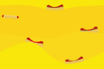 Fototapeta na wymiar Seamless abstract yellow color background with hot dogs in the form of ships on the sea waves. For printing on fabric, packaging or as a backing on a street food web site