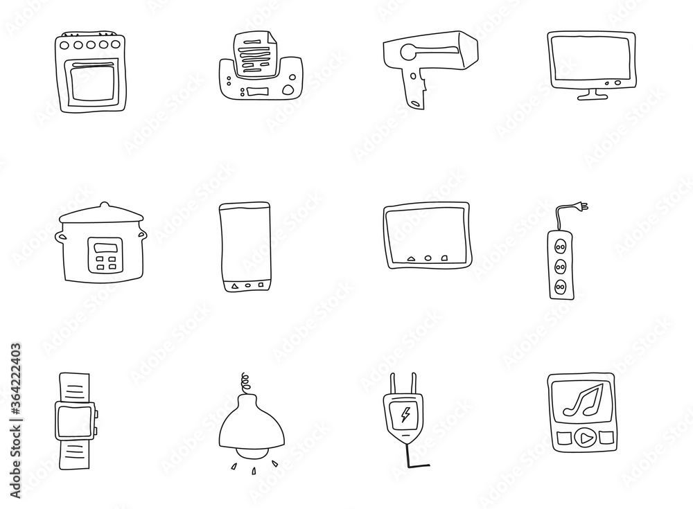 Poster electronics hand drawn doodles isolated on white background. home appliances doodle icons for web an