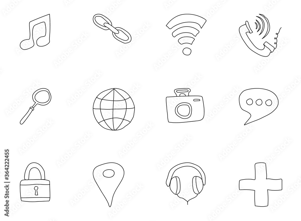 Poster media and communication hand drawn linear vector icons isolated on white background. media doodle ic