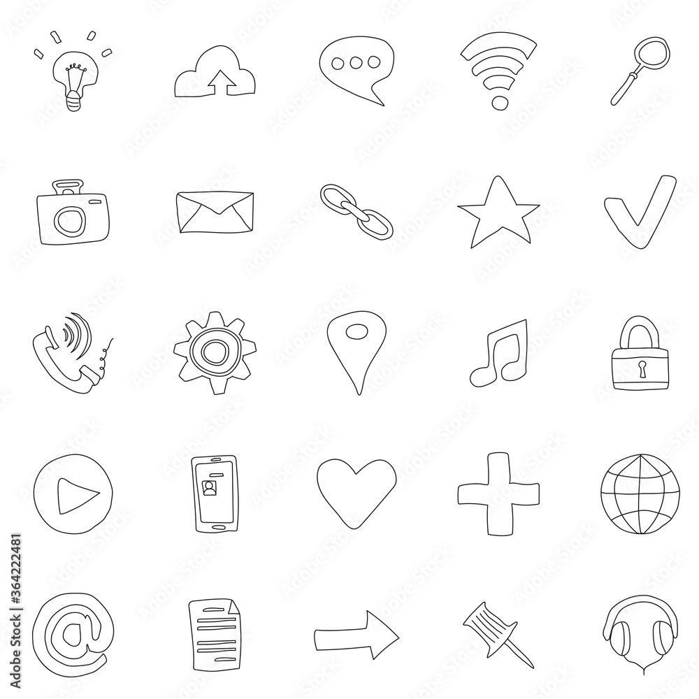 Poster media and communication hand drawn linear vector icons isolated on white background. media doodle ic