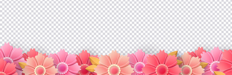 Naklejka premium Spring flowers isolated on transparent background. Bright, summer, fresh flower border. Template for holiday cards. Vector