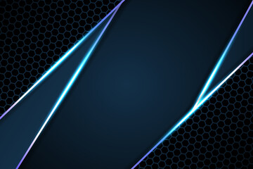 Background with carbon fiber hexagon with blue luminous lines and highlights on a carbon grid. Modern futuristic background.