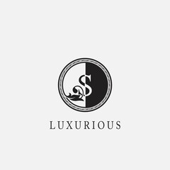 Obraz premium Circle S Letter Logo Icon. Classy Vintage Ornate Leaf Shape design on black and white color for business initial like fashion, jewelry, beauty salon, cosmetics, spa, hotel and restaurant
