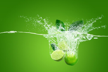Refreshing green lime in water isolated over green background