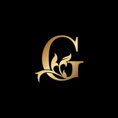 Golden Luxury Letter G Initial Logo Icon Template Design. Monogram ornate nature floral leaf with initial letter