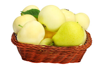 Apples and pears in basket isolated on white background