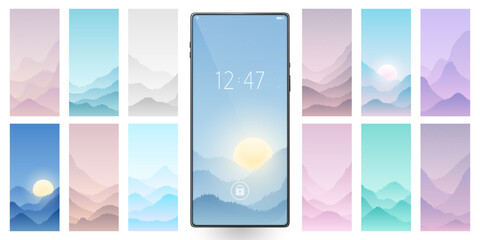 Smartphone wallpapers set. Abstract backgrounds. Smartphone vector mockup. Mountain landscapes collection. Graphic silhouettes of hill tops covered with fog.