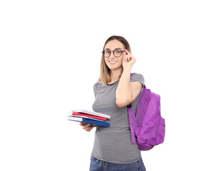 Beautiful girl student with a backpack holds notebooks in hands isolated on a white background