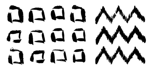 Grunge design elements set. Grunge shapes collection for patterns or backdrops. Grungy splatter. Paint stains. Quirky scribbles. Grungy ink spots and drops.