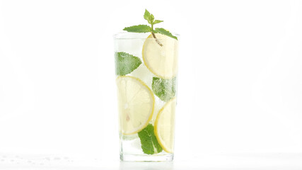 lemonade. sparkling water in glass with ice, lemon and mint. Refreshing drink with sparkling water, lemon and mint