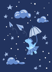 Cute girl dinosaur flying in the clouds with an umbrella to the stars. Bright children's illustration for textiles, postcards and Wallpaper.