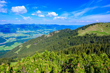 Hiking to the Entschenkopf Mountain, beautiful mountain scenery of Allgaeu Alps, at Fischen im Allgaeu and Oberstdorf, Bavaria, Germany