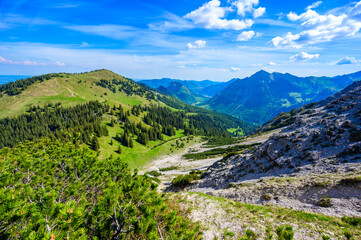 Fototapeta na wymiar Hiking to the Entschenkopf Mountain, beautiful mountain scenery of Allgaeu Alps, at Fischen im Allgaeu and Oberstdorf, Bavaria, Germany