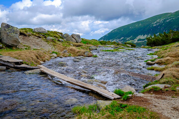 Wooden Bridge Over Mountain River