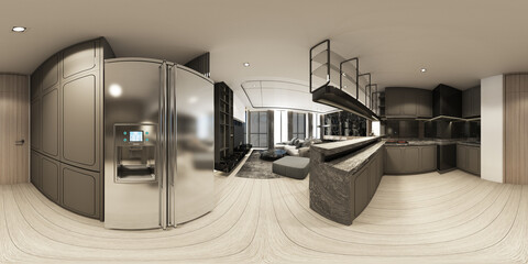Apartment Living area with kitchen in modern luxury style interior design Full spherical 360 degrees view panorama 3d rendering © Jokiewalker