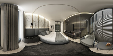 Apartment bedroom in modern luxury style interior design Full spherical 360 degrees view panorama 3d rendering © Jokiewalker