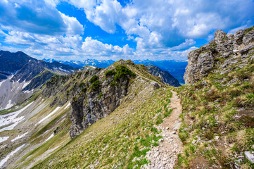 Hiking to the Entschenkopf Mountain, beautiful mountain scenery of Allgaeu Alps, at Fischen im Allgaeu and Oberstdorf, Bavaria, Germany