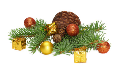 Christmas toys on fir branch