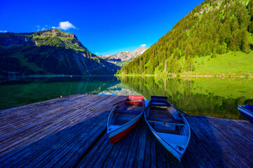 Vilsalpsee (Vilsalp Lake) at Tannheimer Tal, beautiful mountain scenery in Alps at Tannheim,...