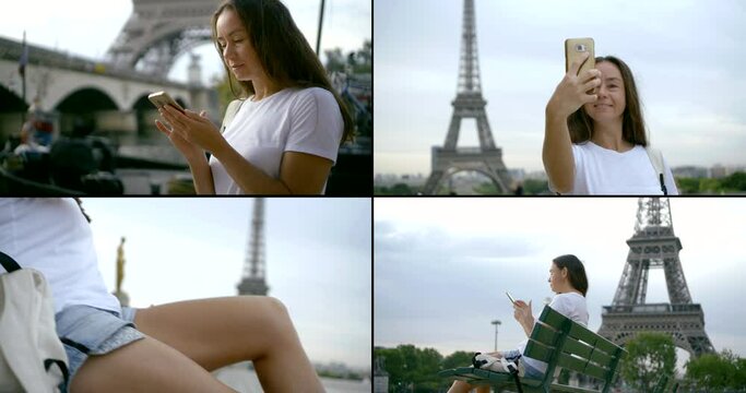 a collage of four videos. a woman in a white t-shirt and long dark hair is walking around the city, sitting on a bench, smiling, taking selfies, checking her phone