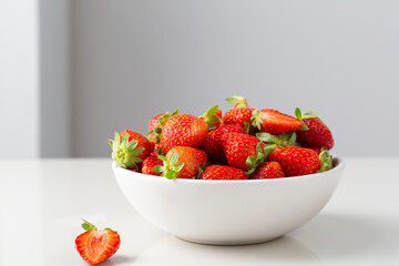 Fresh organic strawberry in white bowl on white table