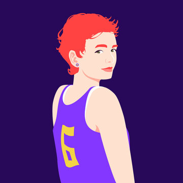 Portrait of a happy red haired girl in a basketball uniform