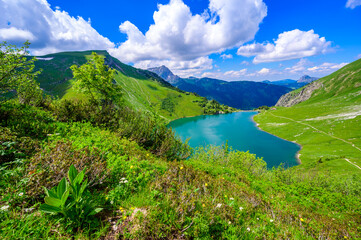 Traualpsee at Tannheimer Tal, beautiful mountain scenery in Alps at Tannheim, Reutte, Tirol -...