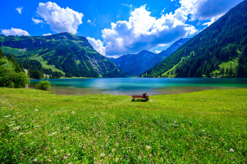 Vilsalpsee (Vilsalp Lake) at Tannheimer Tal, beautiful mountain scenery in Alps at Tannheim, Reutte, Tirol - Austria © Simon Dannhauer