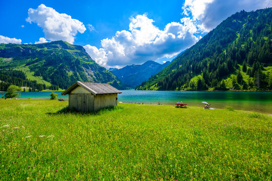 Vilsalpsee (Vilsalp Lake) at Tannheimer Tal, beautiful mountain scenery in Alps at Tannheim, Reutte, Tirol - Austria
