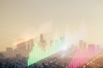 Forex chart on cityscape with skyscrapers wallpaper double exposure. Financial research concept.