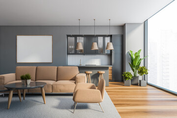 Grey living room and kitchen with poster
